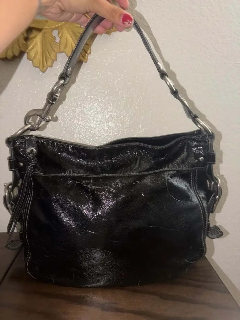 Coach Zoe Black Patent Leather Shoulder Bag with Silver Hardware
